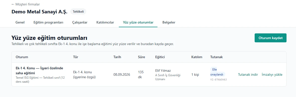 Yüz yüze eğitim oturumları ekranı
